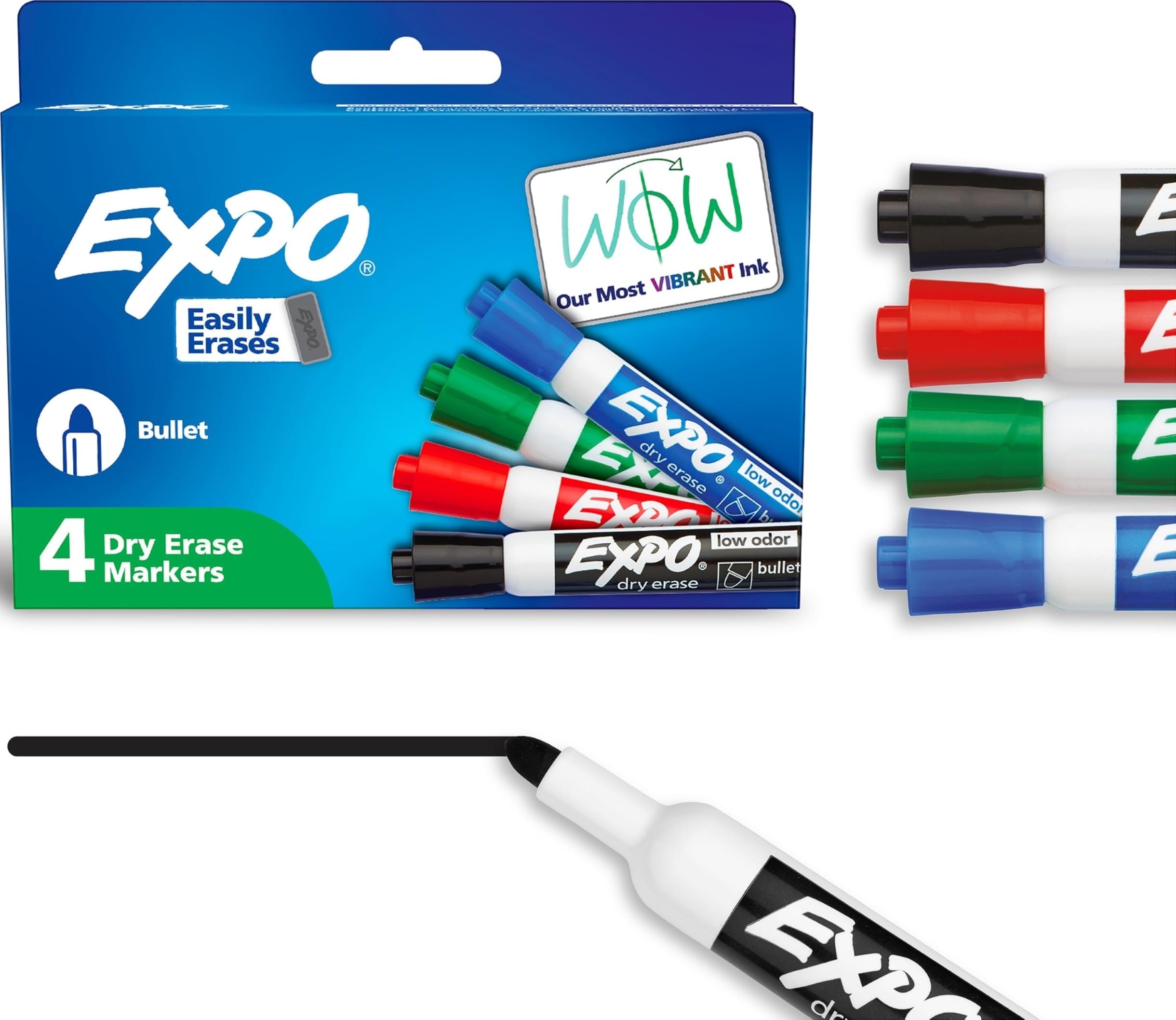 EXPO Dry Erase Markers, Low Odor Ink, Bullet Tip, 4 Count
