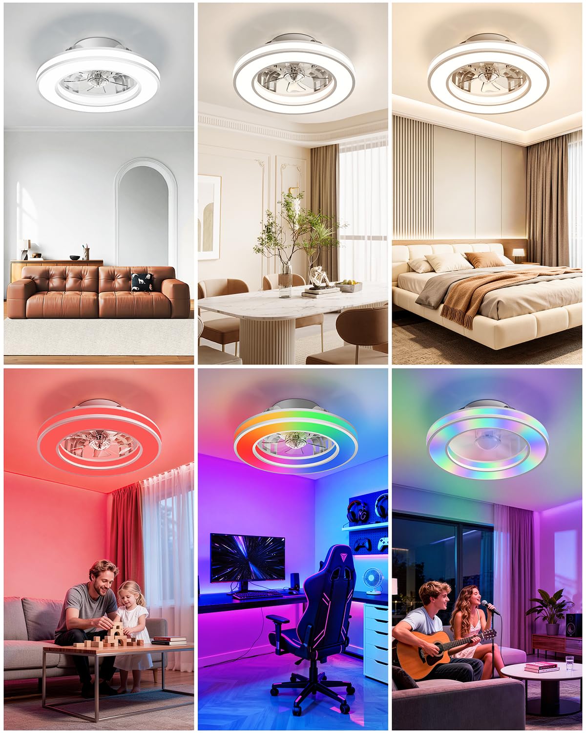 Ventilatore da Soffitto con Luce, Motore DC Silenzioso Lampadario Ventola LED Dimmerabile 3000K-4000K-6500K-RGB, 6 Velocità Plafoniera Ventilatore con Telecomando per Camera da Letto, Cucina