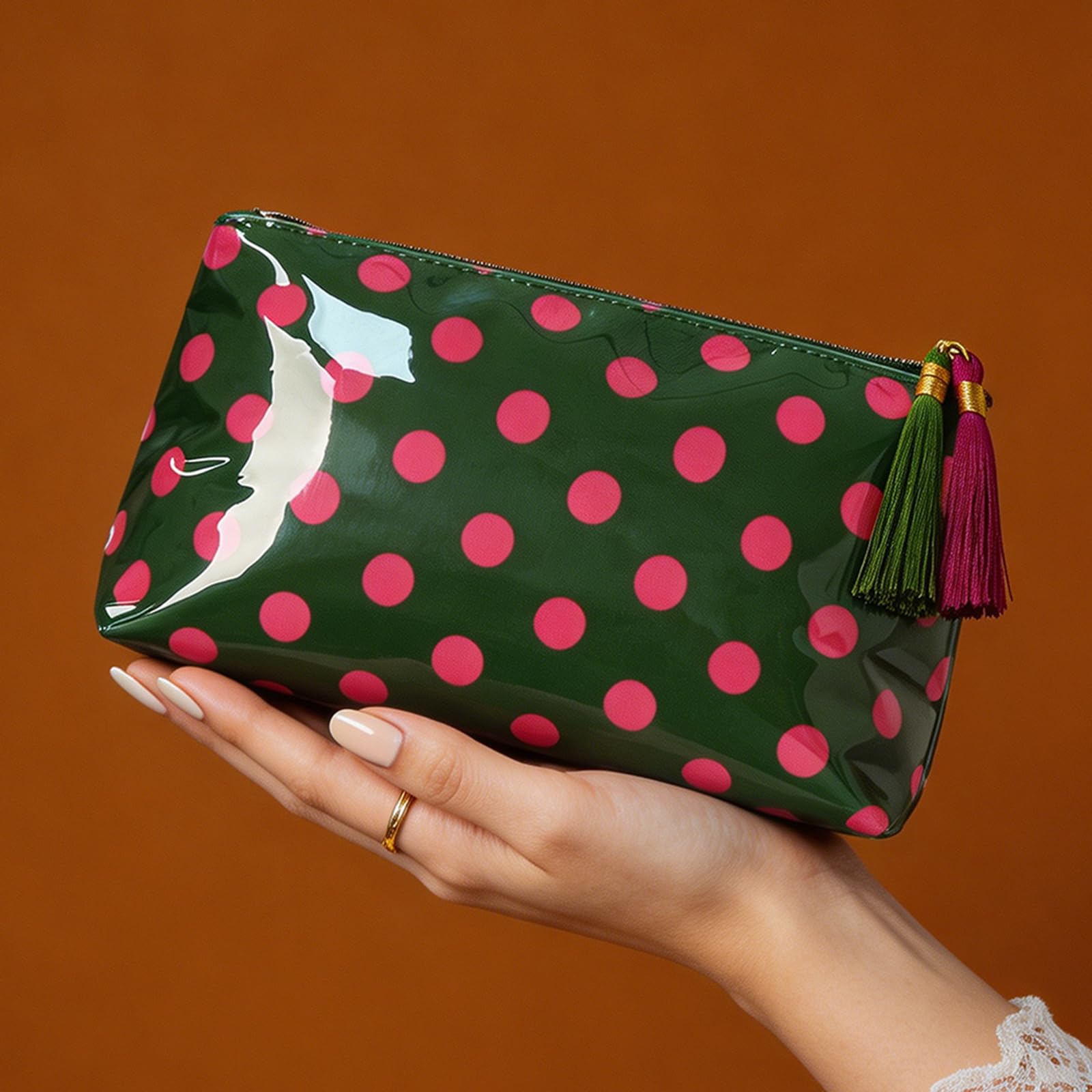 Make-up-Taschen für Damen, PVC, Retro-Motiv, gepunktet, Quaste,