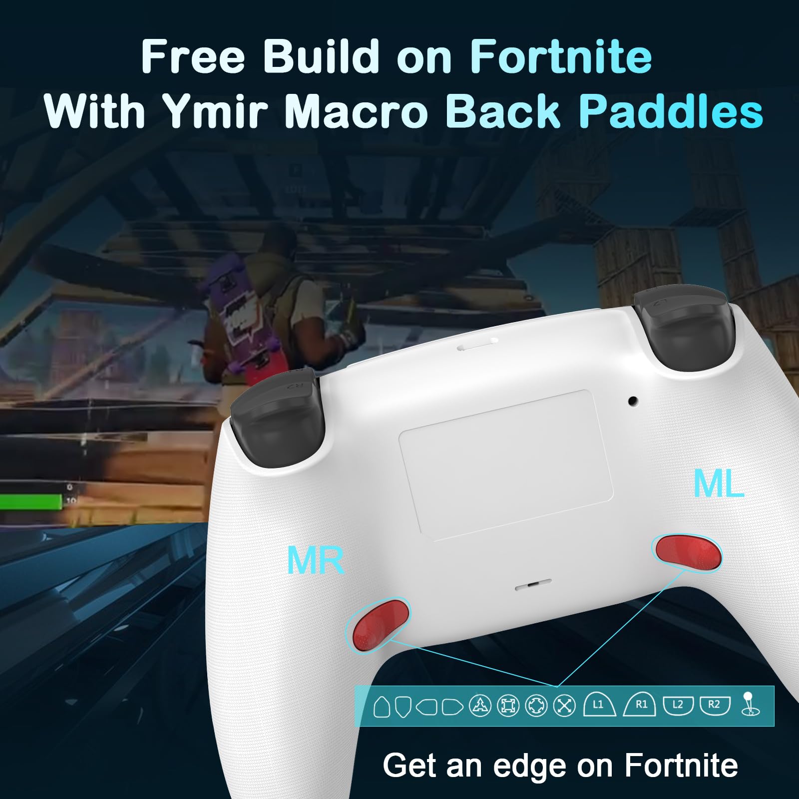 Ruibopad Elite PC/PS4 Controller für Fortnite mit Back Paddles und Turbo,YMIR Wireless Pro Gaming Gamepad mit No Drift Joystick, Vibration, 1200mAh Akku, Kompatibel mit Playstation 4/PC/Steam,Weiß