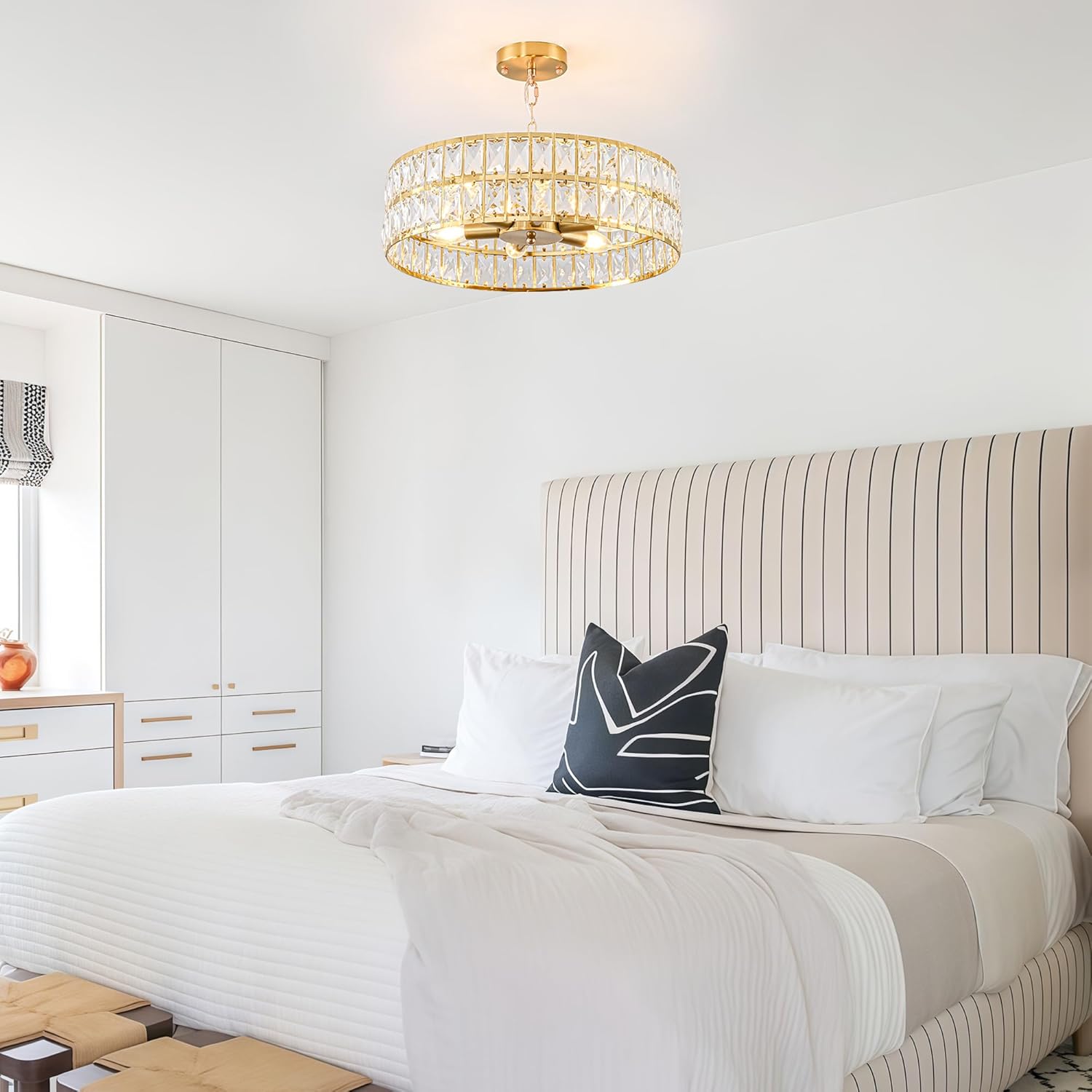 Crystal Chandelier for Dining Room, 17.7'' LED Luxury Modern glass Mount Chandelier Fixtures, Round Kitchen Hanging Drum Pendant Lights Ceiling for Living Room Bedroom Foyer, with 6pcs*5W Bulbs (Gold)