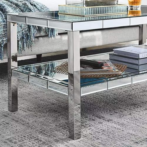 Miniatura 6 de LUMISOL Mesa de centro de cristal plateado, espejo de cristal de 2 capas, mesa de cóctel con marco de acero inoxidable, mesa de sofá plateada para