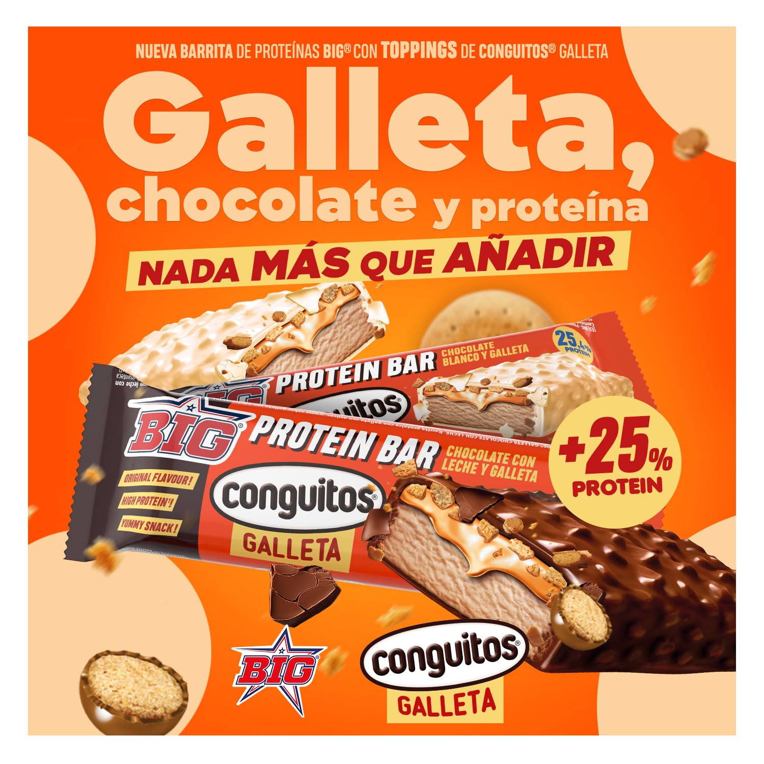 BIG - Barritas Proteina con Toppings de Conguitos Dark Galleta 25 gr Proteina por Barra - Pack 15 Barritas x 60 gr - Barras Alta en de Proteinas con Chocolate con Leche - Ideal para Dieta Deportiva