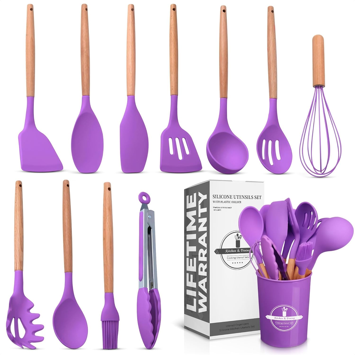 12 pc Purple Silicone Kitchen Utensils Set with Holder