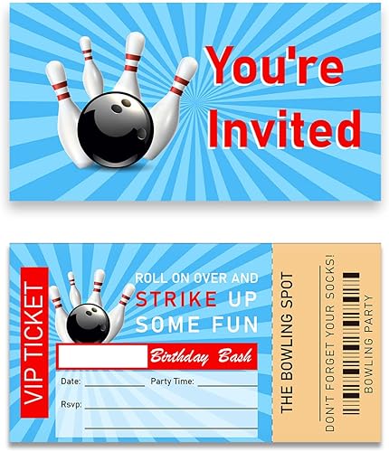Soiceu Blue Bowling Invitaciones de cumpleaños con sobres, juego de 20 bolos para fiestas de cumpleaños para niños