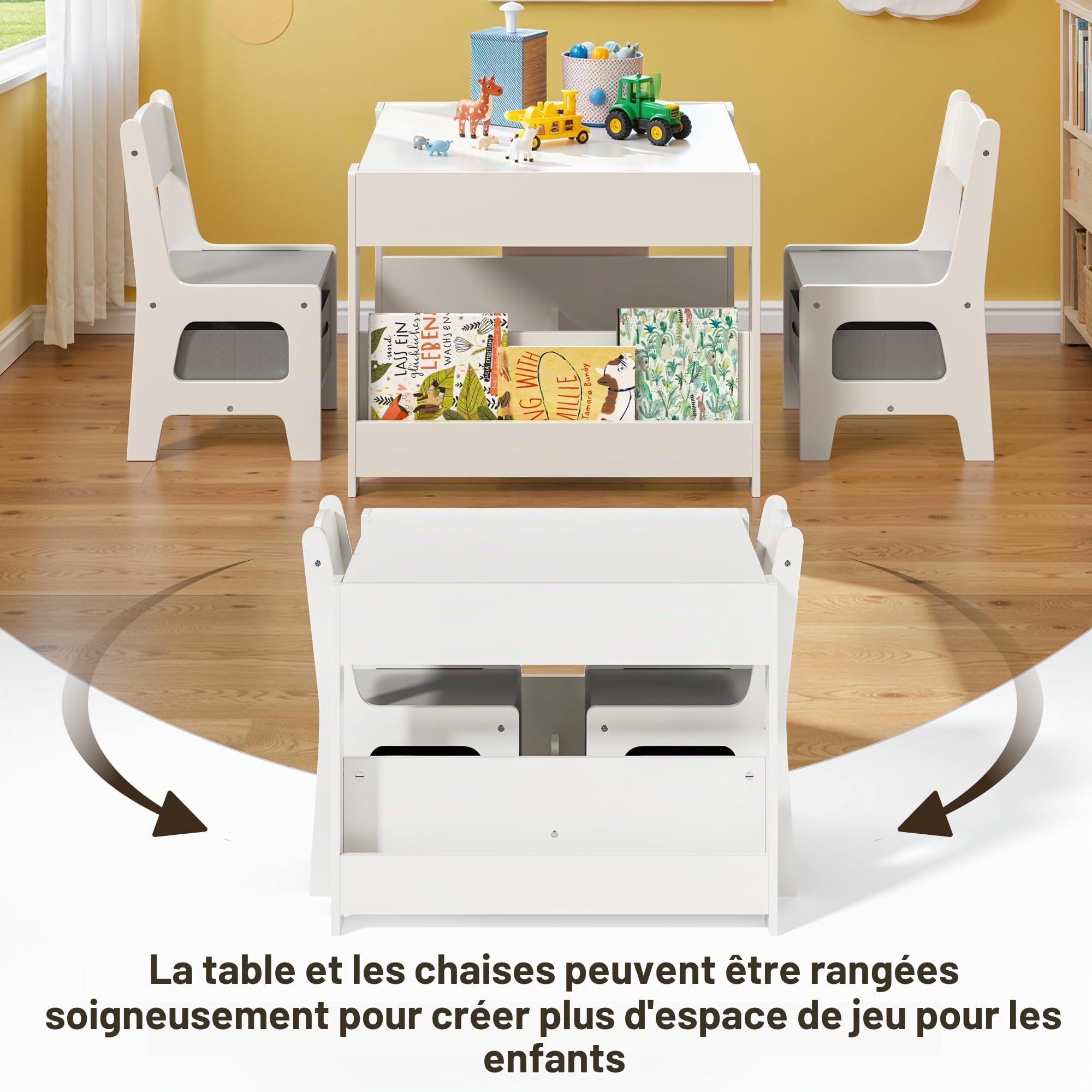 Xbro 4 en 1 Table Enfant avec 2 Chaises, Table de Dessin avec Plateau Réversible et Tableau Noir, Petit Bureau Enfant avec 2 Boîtes de Rangement Amovible, Étagères à Livres, Blanc