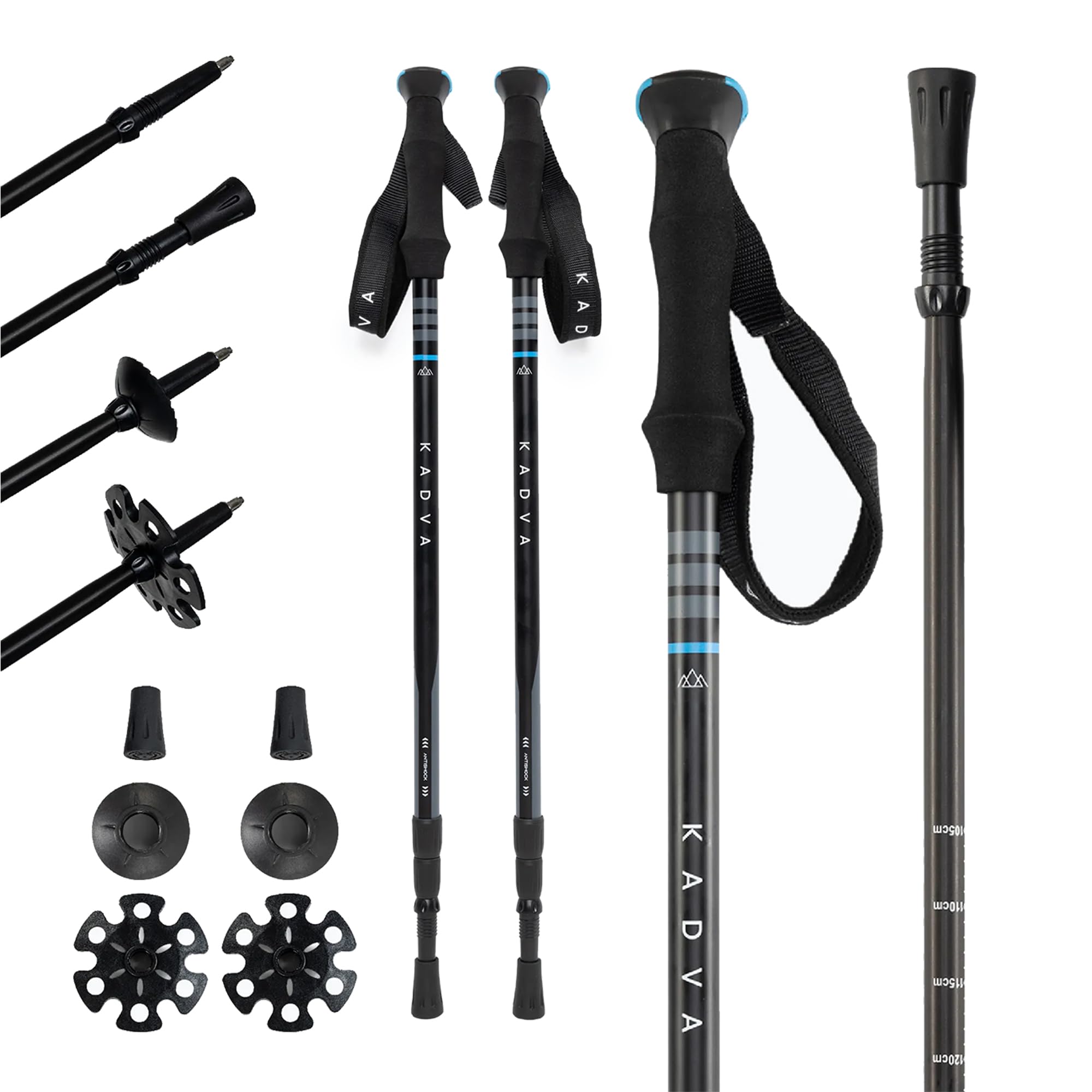 KADVA Bastones de Trekking SAJAMA en Color Azul, tamaño Ajustable 65-135 cm, Mango de Polipropileno, TPR y Espuma EVA para Mayor Comodidad al Usuario, Bastones de Aluminio, robustos y Resistentes a
