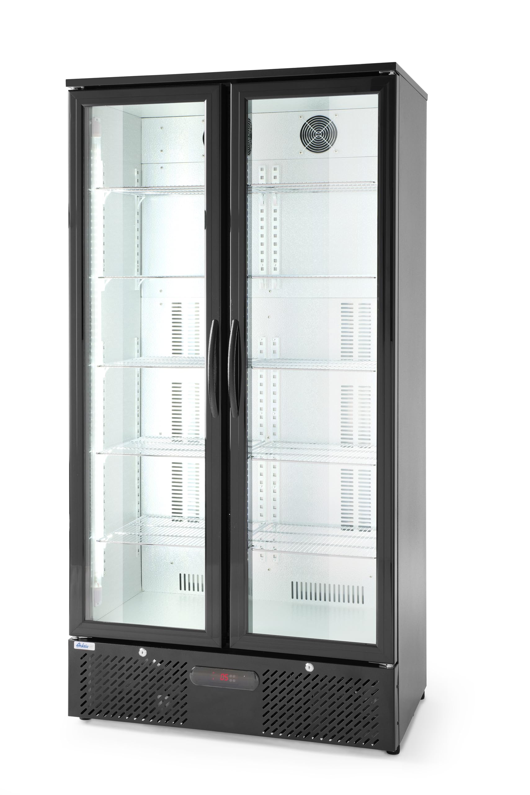 HENDI Refrigerador para bebidas Arktic, botellero vertical de bar, 2 puertas, 384L, 0–10°C, 220V, 365W, 900x530x(H) 1820mm, acero con recubrimiento en polvo negro