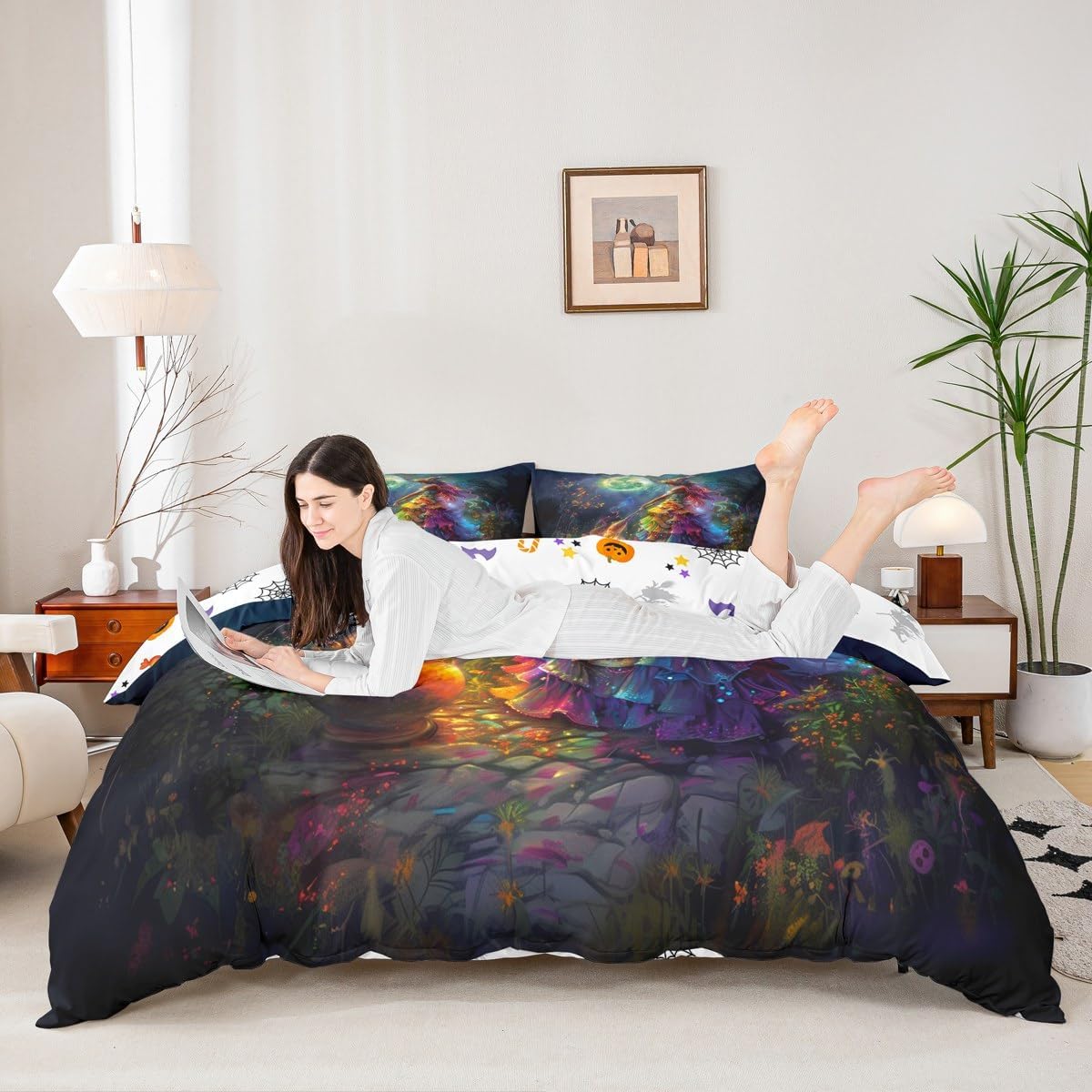 Witch Princess Duvet Cover Set Toddler Size,Moonnight Jungle Flowers Psychedelic Bedding Set,Girls Women Room Decor,Gothic Halloween Theme Comforter Cover,Black Quilt Cover,1 Pillowcase(No Filler)