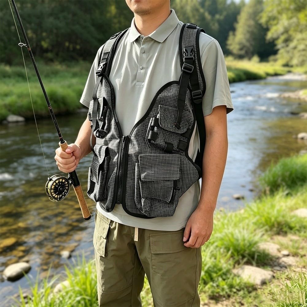 Gilet de pêche à la mouche en nylon avec bretelles réglables Noir Taille