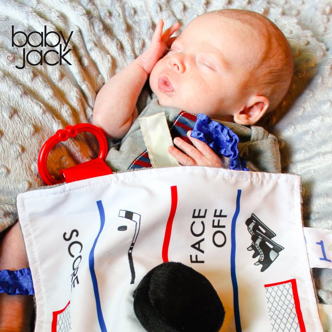 Baby Jack & Co 10x10” Hockey Puck Ice Rink Slapshot Lovey Tag Toy - Crinkle Toy for Developing 5 Senses - Soother - Learn Shapes & Colors - Travel Gift - BPA Free w/Stroller Clip