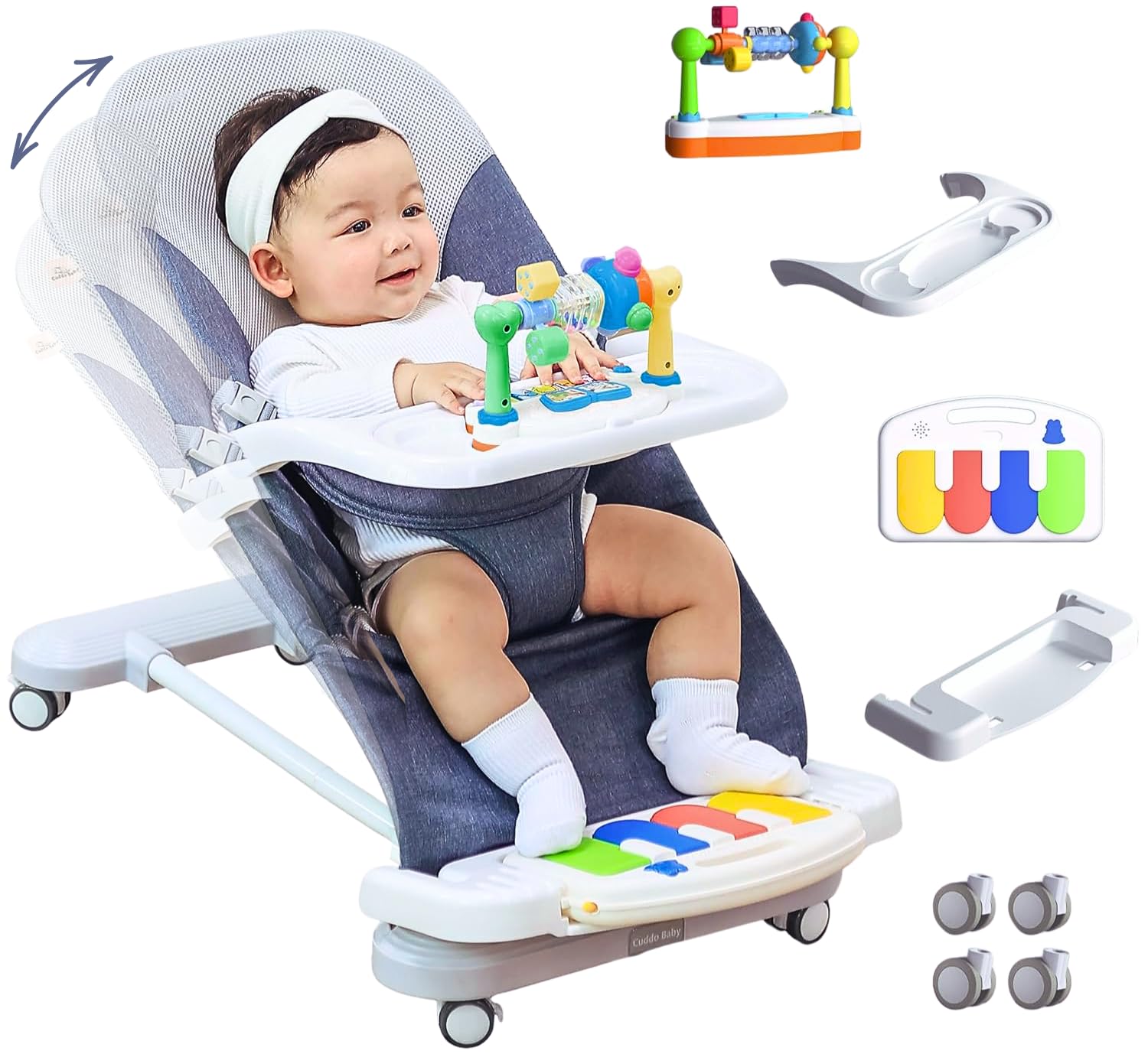 CuddoBaby Baby Bouncer 4-in-1 with Wheels, Detachable Piano, Feeding Tray,  Play Bar, Thick 3-Level Incline Portable Seat for Infant to Toddler