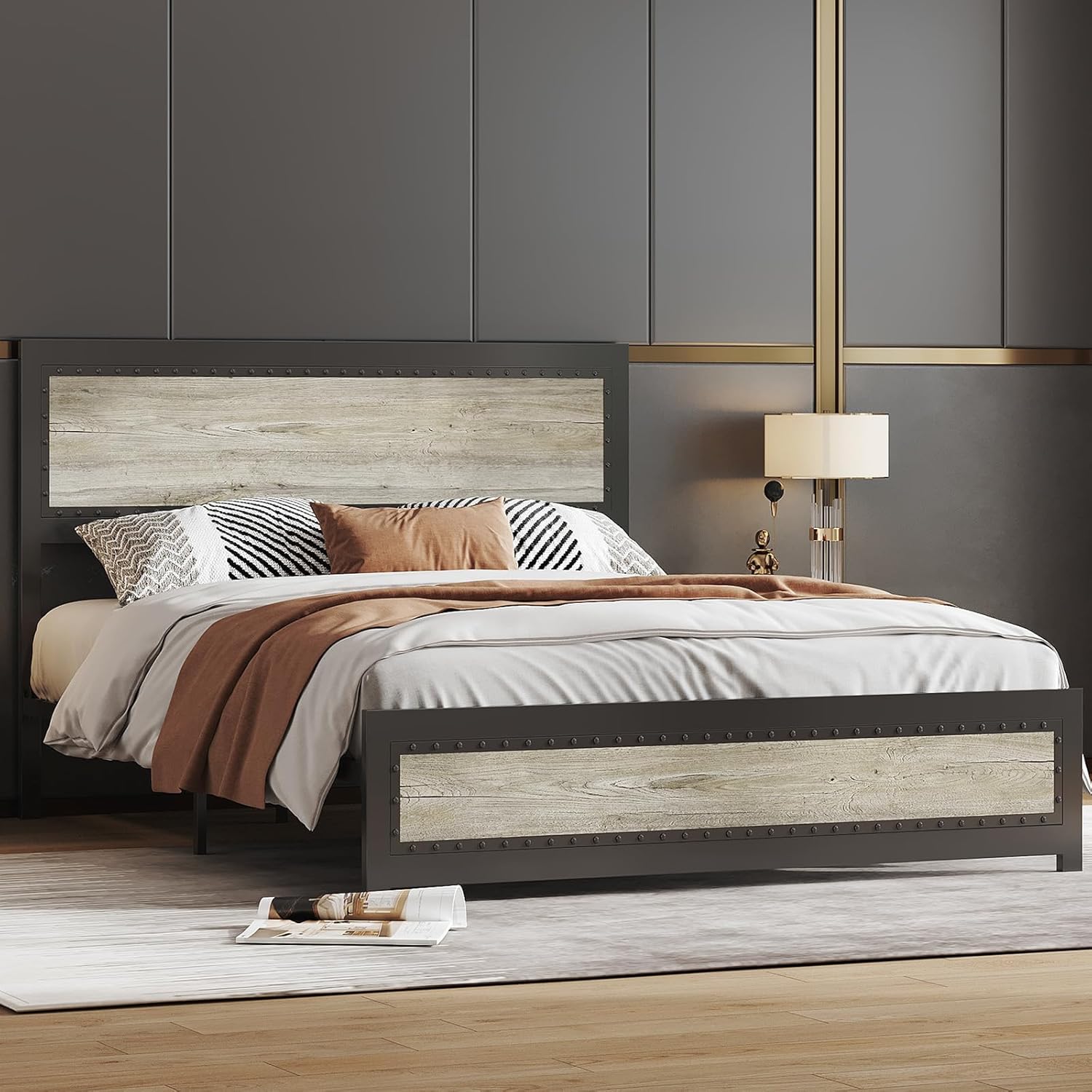 GAOMON Full Size Industrial Bed Frame with Headboard and Charging Station, Sturdy Metal Platform Bed Frame with Wood Accent, No Box Spring Needed, Easy Assembly, Wash Grey