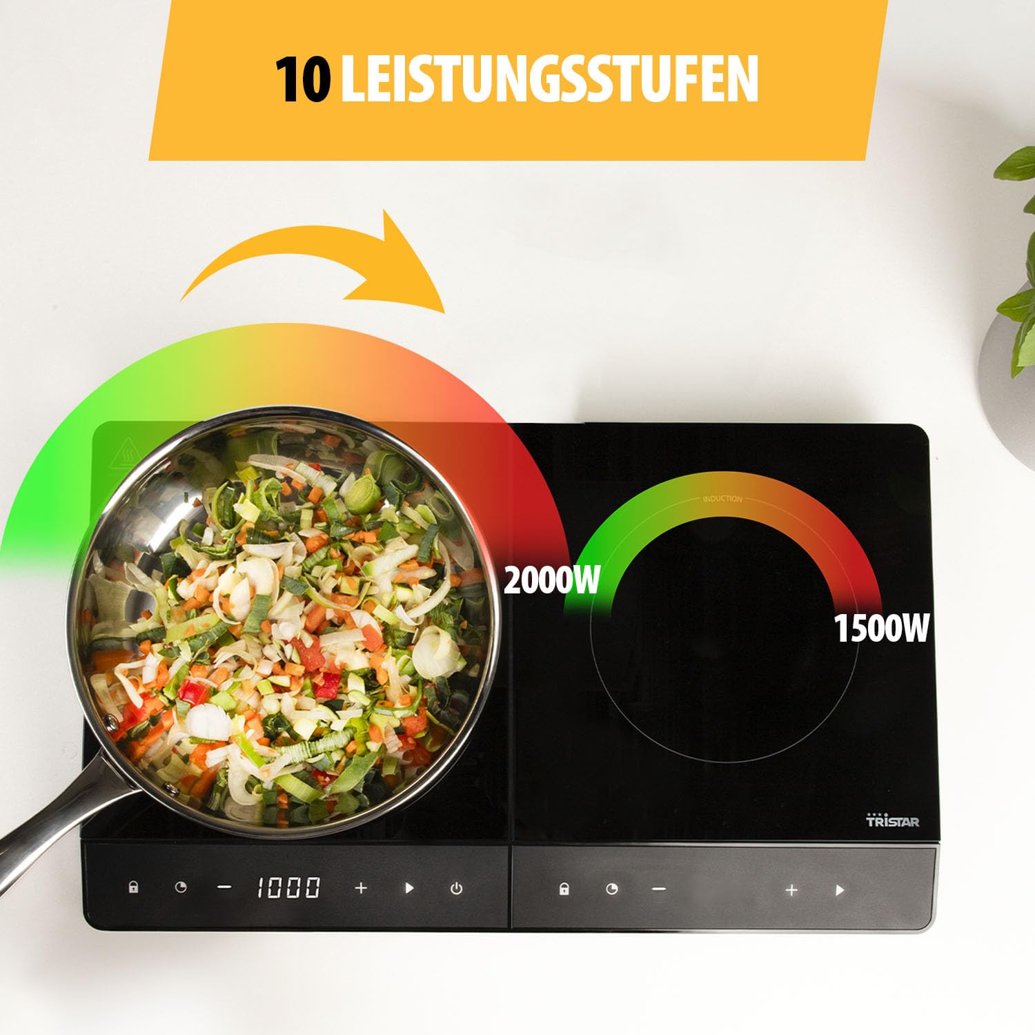 Tristar Doppel-Induktionskochplatte, ⌀19 cm Kochfeld, 10 Leistungsstufen, 3500 W, energieeffizient, integrierter Timer, mit Überhitzungsschutz, IK-6162