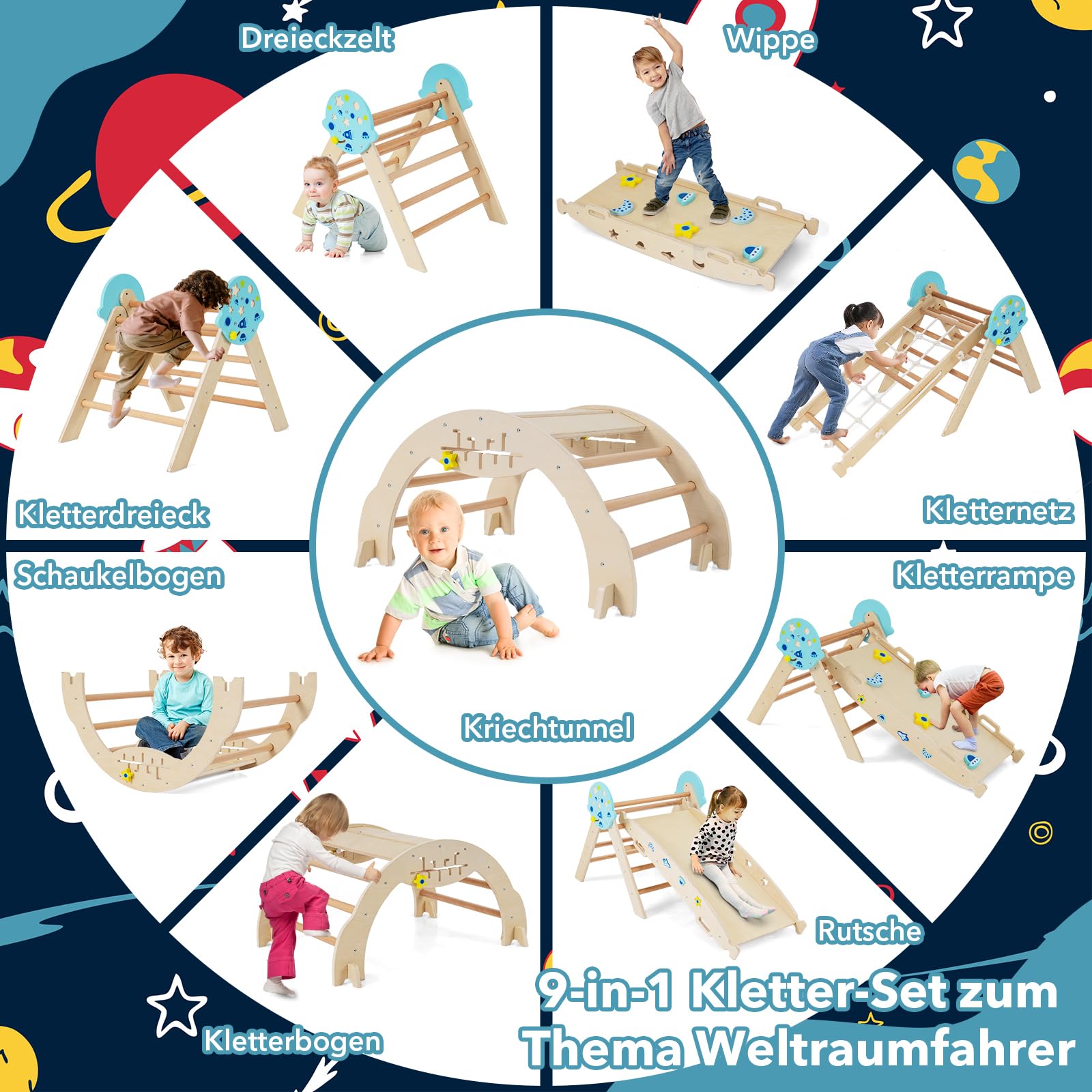 DREAMADE 9-in-1 Montessori Kletterdreieck Set mit Rutsche, Kletterbogen aus Holz mit Netz für Kleinkinder ab 1 Jahre, Kletterspielzeug, Indoor Klettergerüst für Kinderzimmer (Natur,Astronaut-4er Set)
