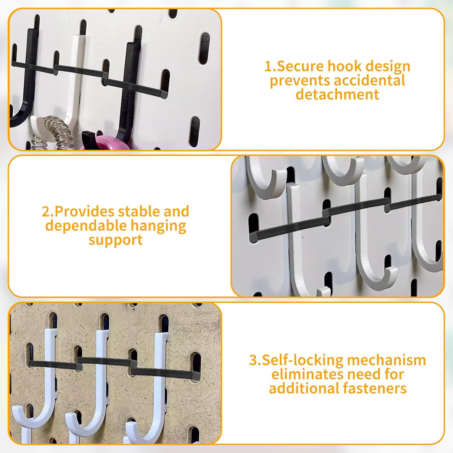 50PCS Pegboard Hook Locks, Black Plastic Pegboard Clips Retainers for 1/4" and 1/8" Pegboards, Anti-Fall Hook Hangers Organizer Accessories for Garage, Kitchen, Workshop Display