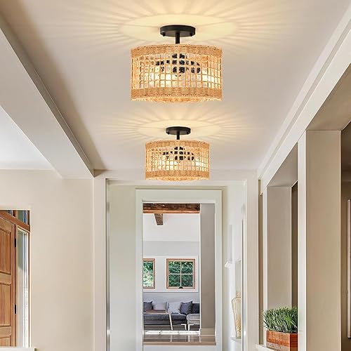 Miniatura 2 de Lámpara de techo de ratán, estilo bohemio, semiempotrada, 3 luces, lámpara de techo con pantalla de mimbre tejido, lámpara de techo rústica para