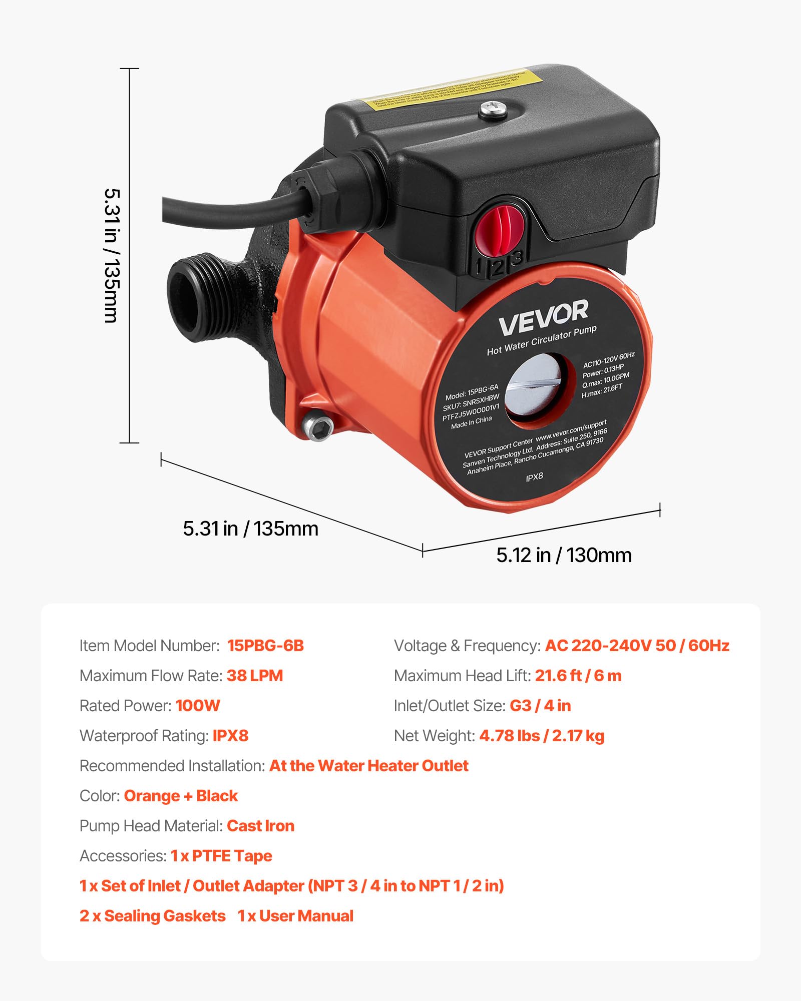 VEVOR Bomba de Circulación de Agua Caliente, 38 LPM, Sistema de Recirculación Instantánea, 3 Velocidades con Caudales de 2,13/1,69/1,21 m³/h, 100 W, Cabezal de Hierro Fundido, Naranja y Negro