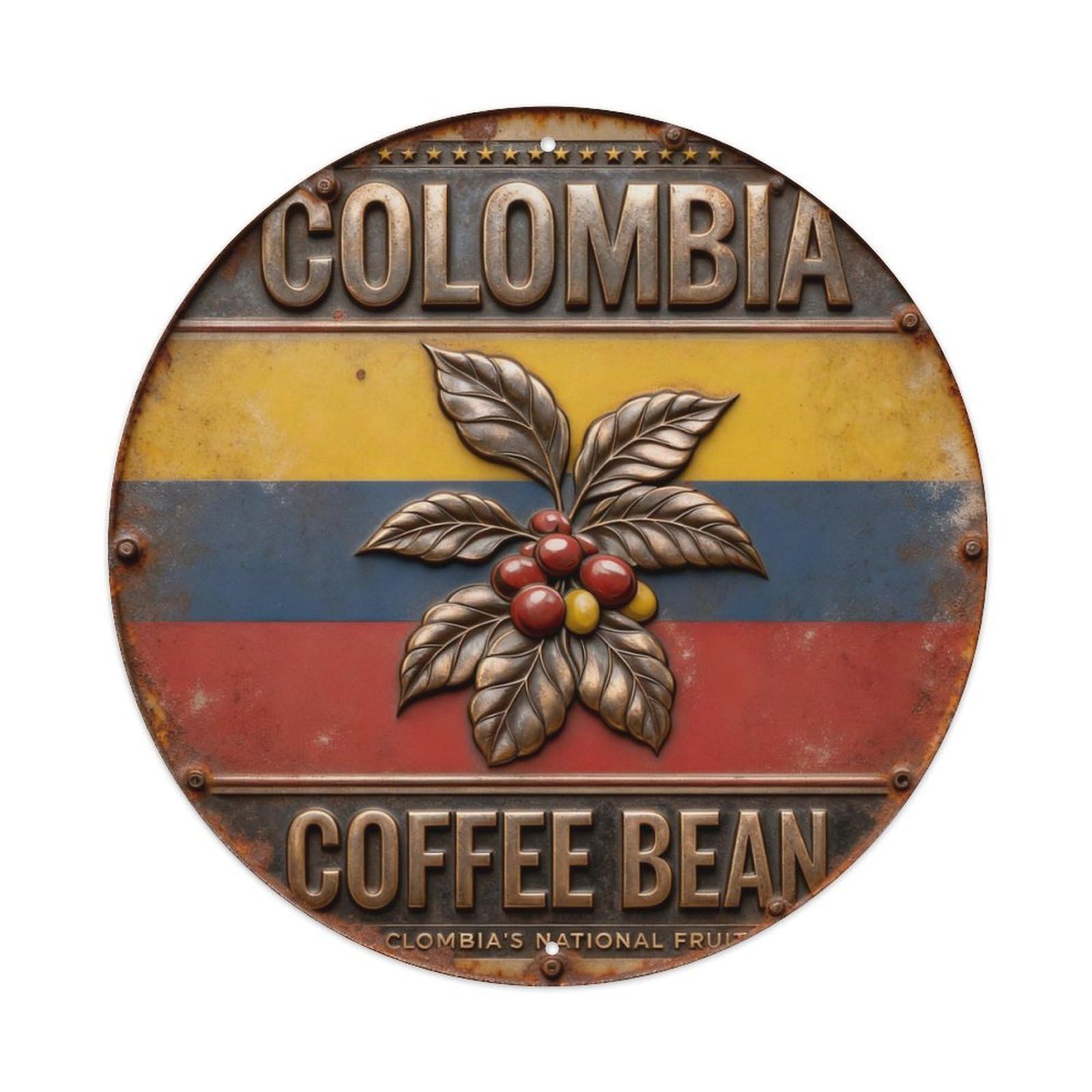 Colombia Coffee Bean Flag Plant Round Metal Tin Sign Vintage Wall Decor, Bar Garage Cafe Kitchen Home Wall Art Poster 8x8inches