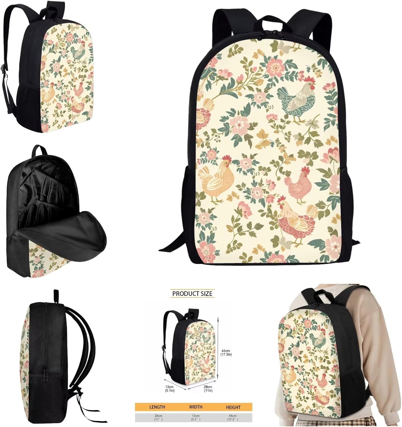 AmzPrint 4 In 1 Chicken Backpack Set For Girls Print Chicken Backpack And Lunch Box Pencil Bag Water Bottle Holder For School