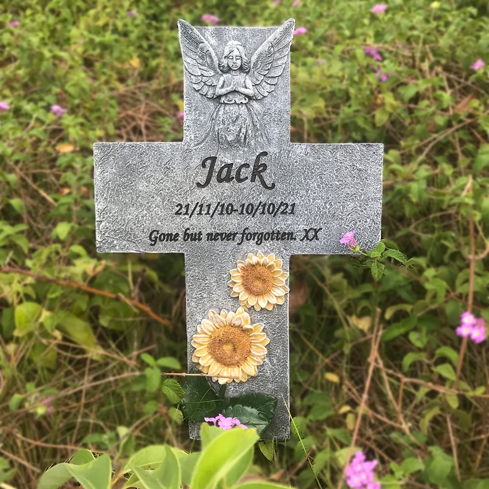 CUDMORERBE 12.7 Inches Cross Pet Memorial Garden Stones, Sympathy Cat Or Dog Grave Marker, Engraved With Name & Date & Sentence, Personalized Condolences Gift