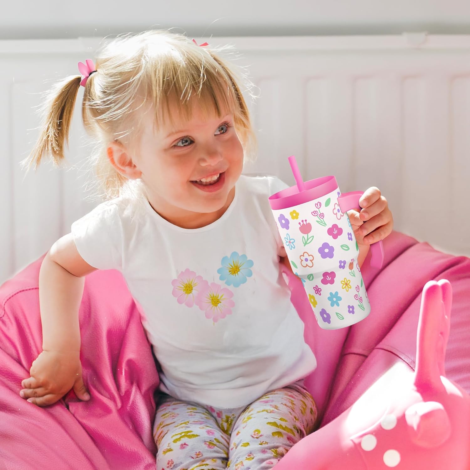 Floral Tumbler 20oz with Handle and Silicone Straw Lid for Kid, Insulated Stainless Steel Cup, Gift for Kids Girls, Gifts Idea for Birthday Christmas Back to School - Image 7