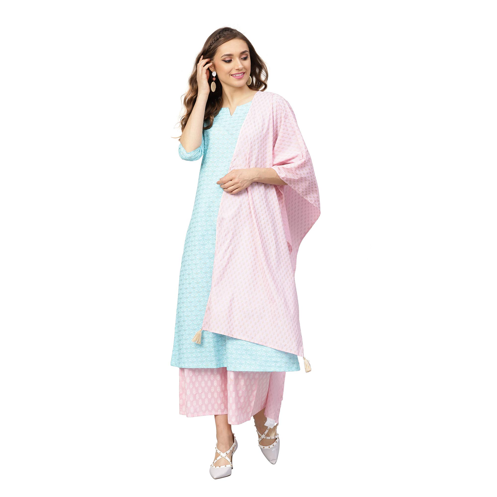 IdaliaWomen's Sky Blue and Baby Pink Khadi Gold Print Cotton Kurta Set with Dupatta (Sky Blue, L)