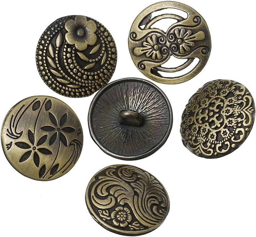 Souarts30 pcs Buttons Mixed Antique Bronze Color Round Shape Flower Pattern Engraved Metal Buttons for DIY Crafts Sewing Decorations