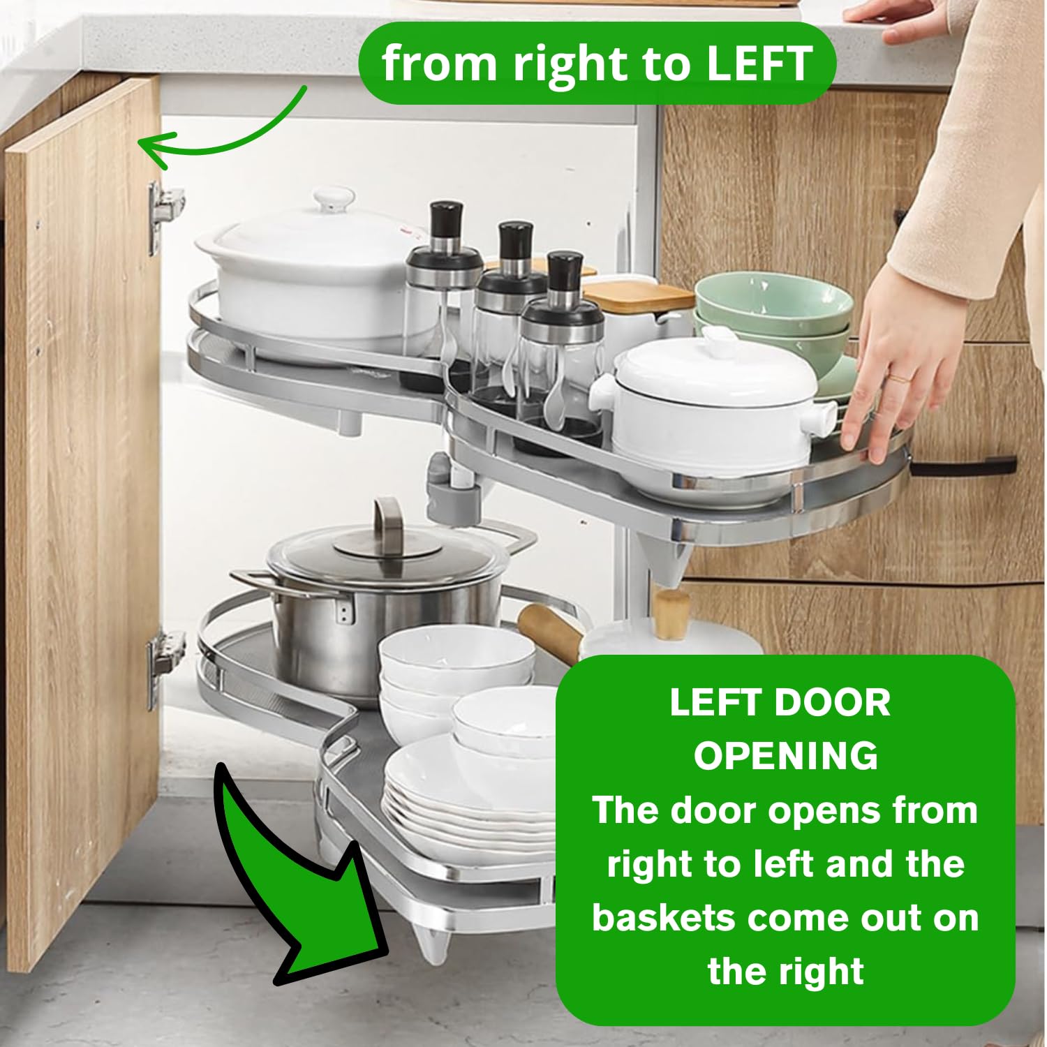 Evotrade Mecanismo angular de frijol para base de cocina, cesta extraíble amortiguada con 2 niveles, rotación de 270°, capacidad de carga de 40 kg, para mueble de esquina (puerta izquierda)