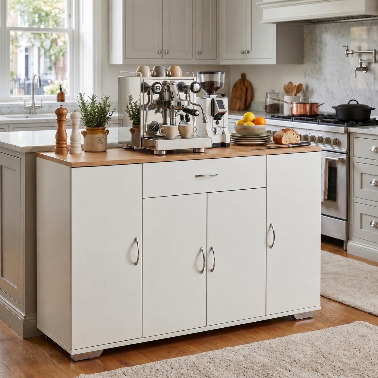Set 2 Credenze Sala da Pranzo Lunghe 220cm, Buffet XXL Sottile Bianco e Rovere, Madia con 8 Ante 2 Cassetti per Soggiorno e Open Space, 220x30x70