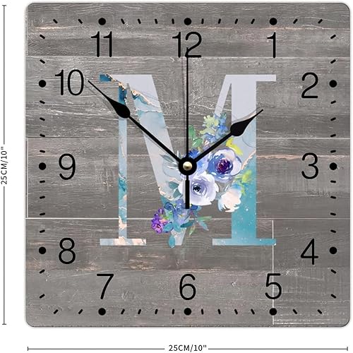 Miniatura 2 de Reloj de pared con monograma inicial M cuadrado de PVC, alfabeto, floral, azul, con apellido, 10 pulgadas, funciona con pilas, divertidos relojes