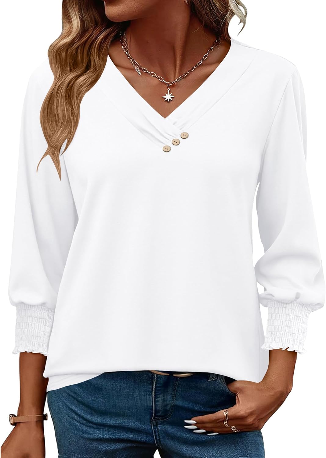 LOMON Blouses for Women Dressy Casual 3/4 Length Sleeve Womens Tops with Buttons Decor - Image 2