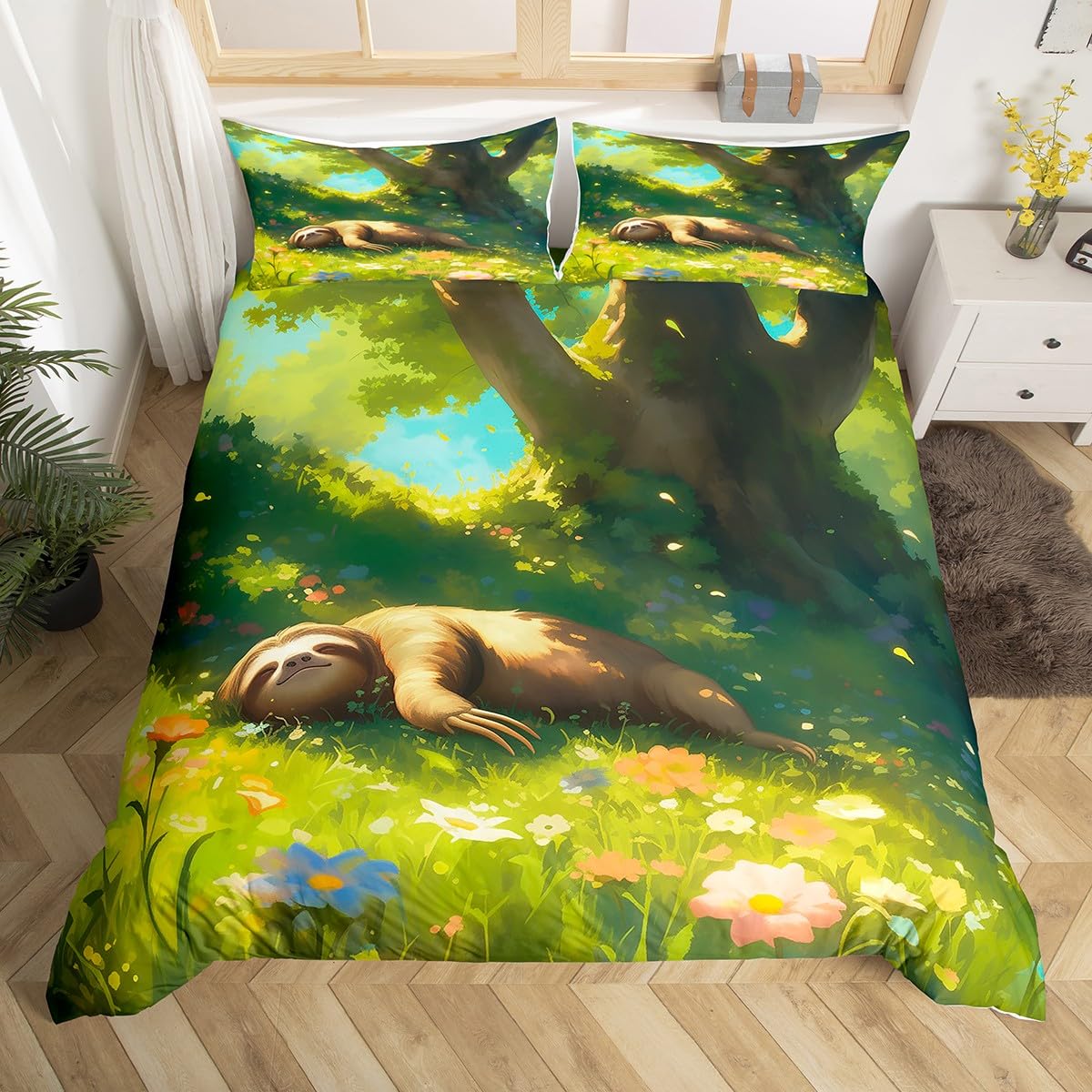 Sleepy Sloth Duvet Cover King Cartoon Wildlife Bedding Set for Kids, Woodland Animal Comforter Cover Botanical Plants Bed Set, Watercolor Floral Flower Bedroom Set (Zipper Closure)