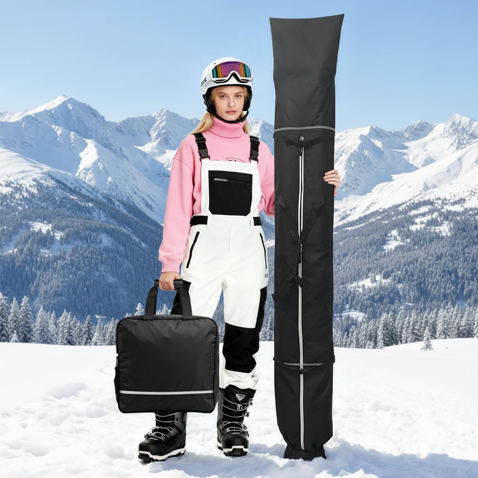 Sac de transport de ski imperméable avec sac à dos pour chaussures de ski, sac de ski robuste noir avec bandes réfléchissantes pour les vacances de ski et les sports d'hiver
