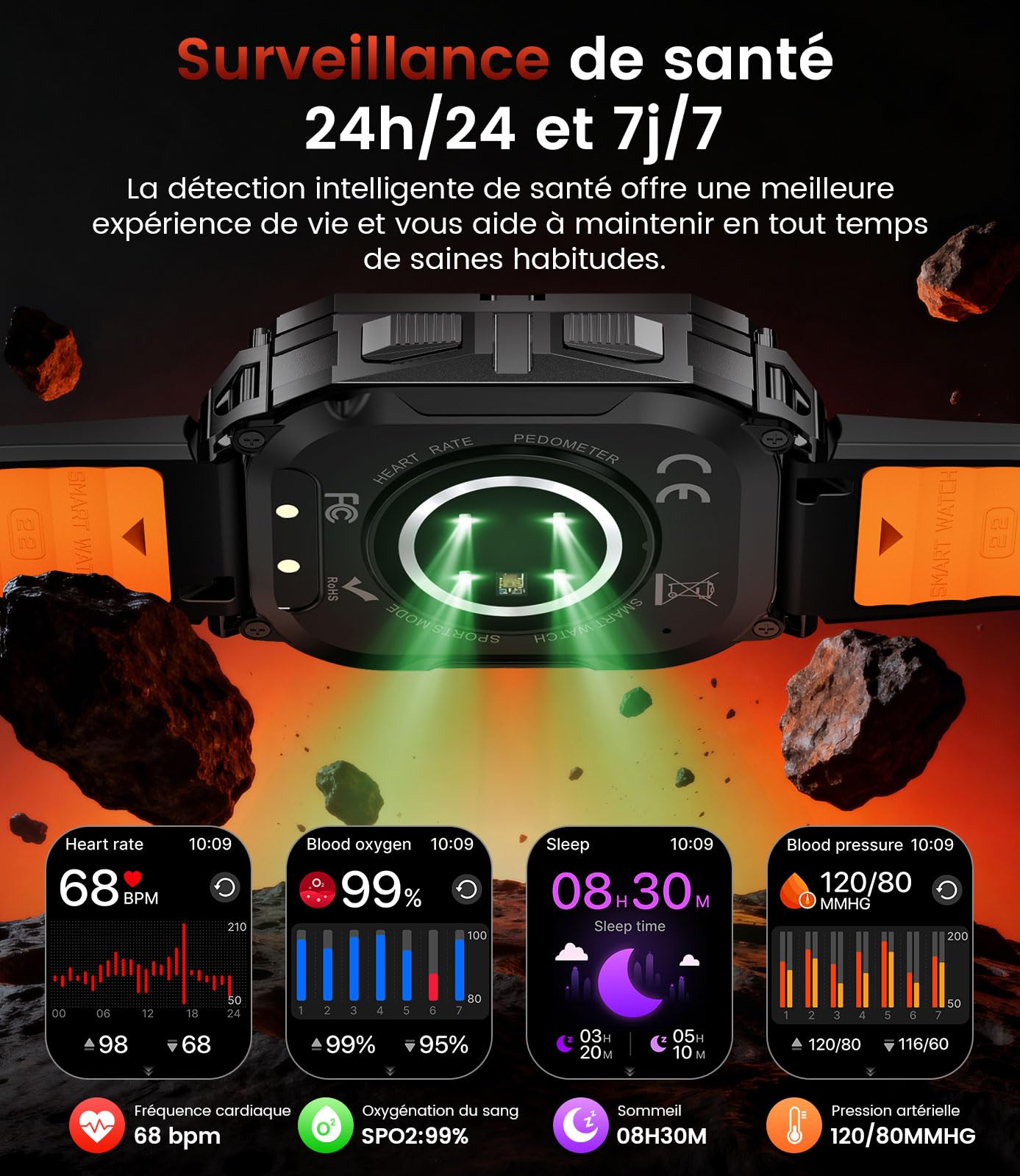 FITFLEX Montre Connectée Homme avec 1000mAh/2.01" HD Grand Écran Militaire Smartwatch avec Appel Bluetooth,Moniteur de Fréquence Cardiaque/Sommeil/120 Modes Sportifs, IP68 Étanche Android iOS,Noir