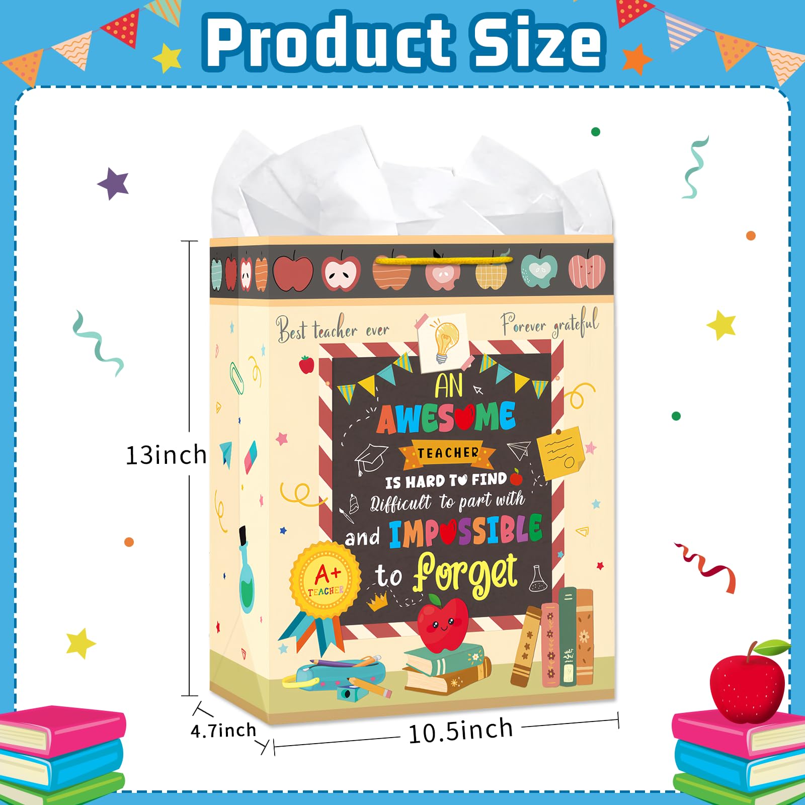 HEYINSHEN Teacher Appreciation Gift Bag 13'' Teacher Gift Bag with Handles and Tissue Paper Best Teacher Ever Appreciation Day Goodies Bag Cards Notebook Line Gifts for Retirement Graduation Supplies