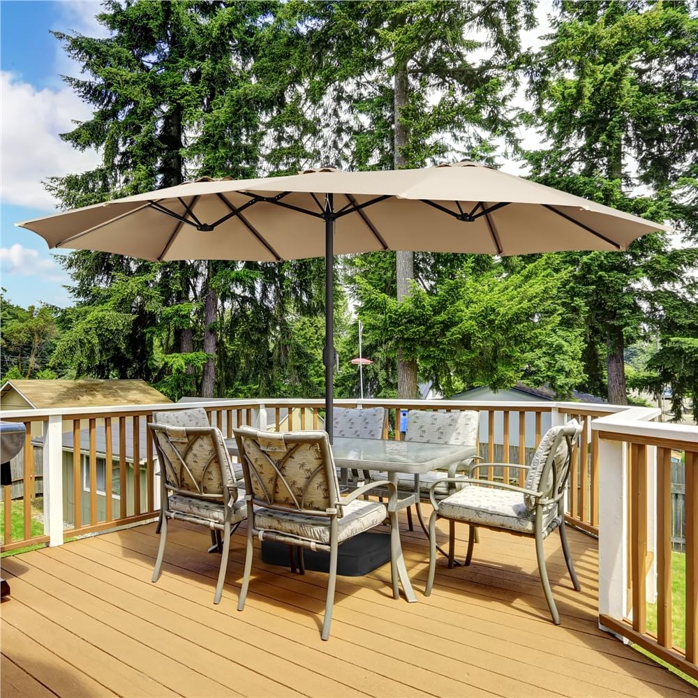 Yaheetech Parasol de Jardin Double Extérieur avec Base et Manivelle Sac de Rangement Parasol Triple Tête Terrasse Jardin Bord de la Mer Bistro