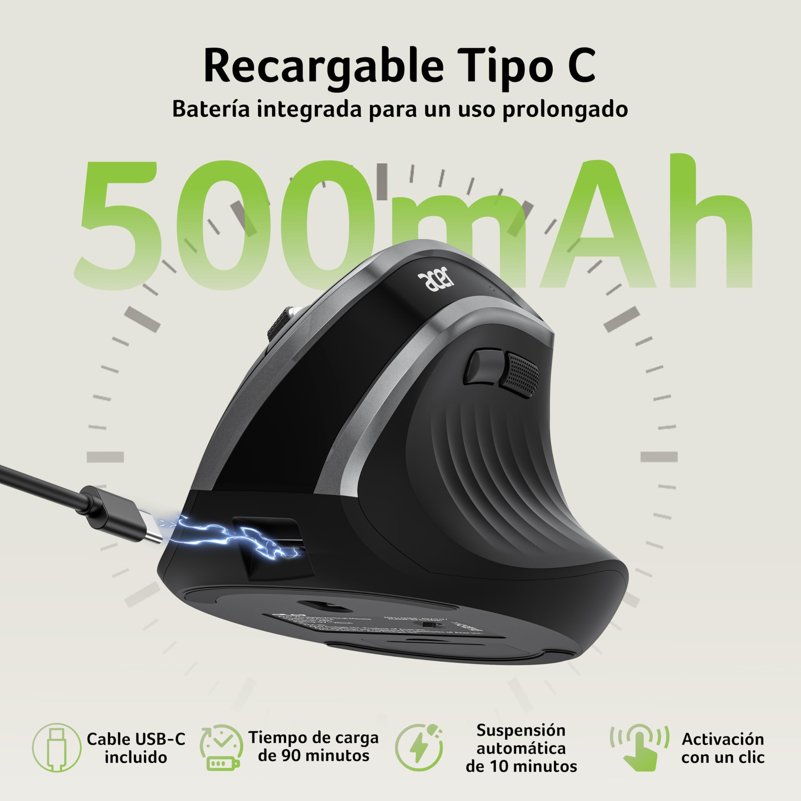 Acer Ratón Ergonómico 2.4G, Ratón Vertical Inalámbrico 1600 dpi | Wireless Mouse Recargable con Receptor USB-A para PC y Portátiles, Compatible con Windows, macOS, Linux, etc.