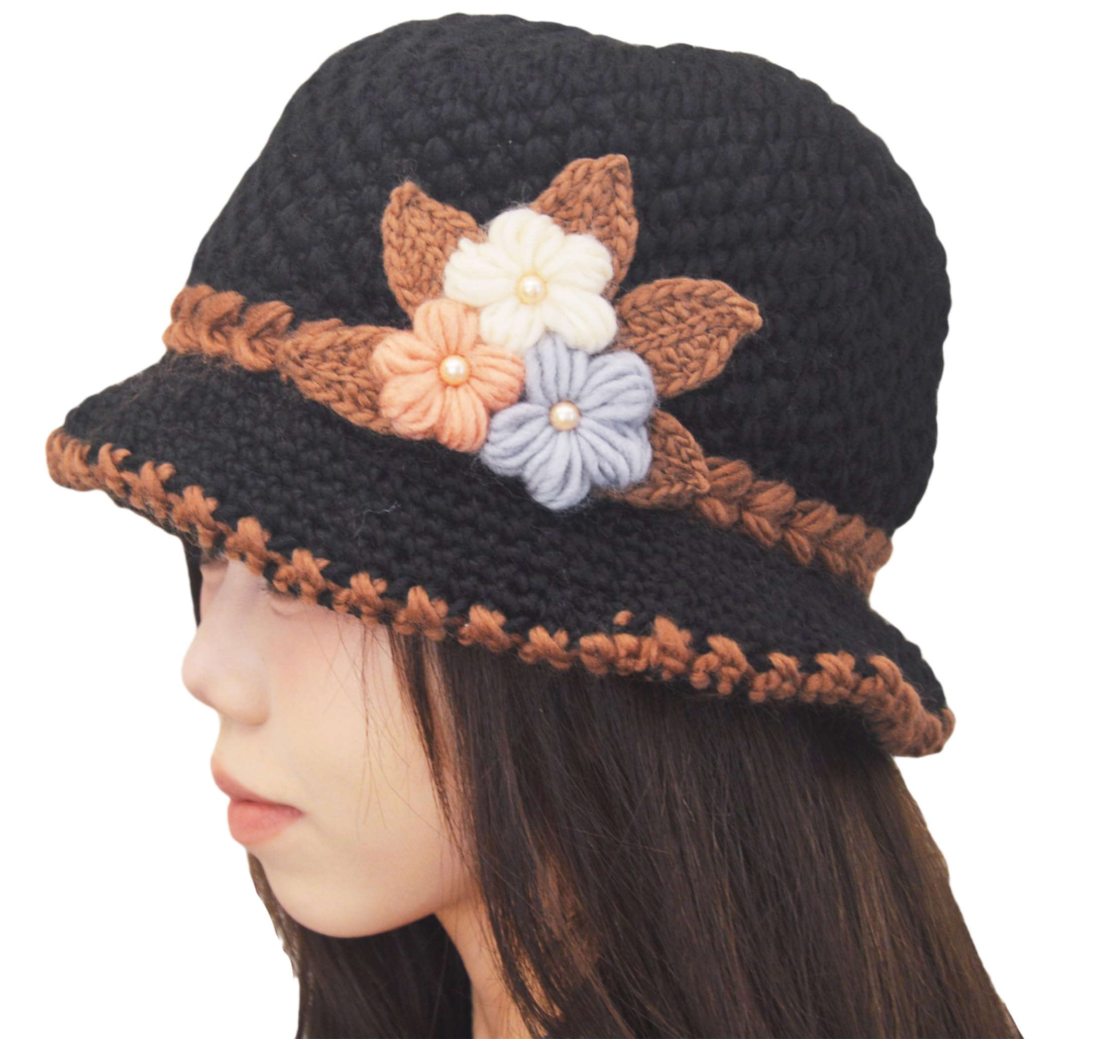 French Thicken Women's Flowers Knitted-Woolen-Hat Fashion Beanie-Hat Lady Crochet-Bucekt-Hat for Winter Black