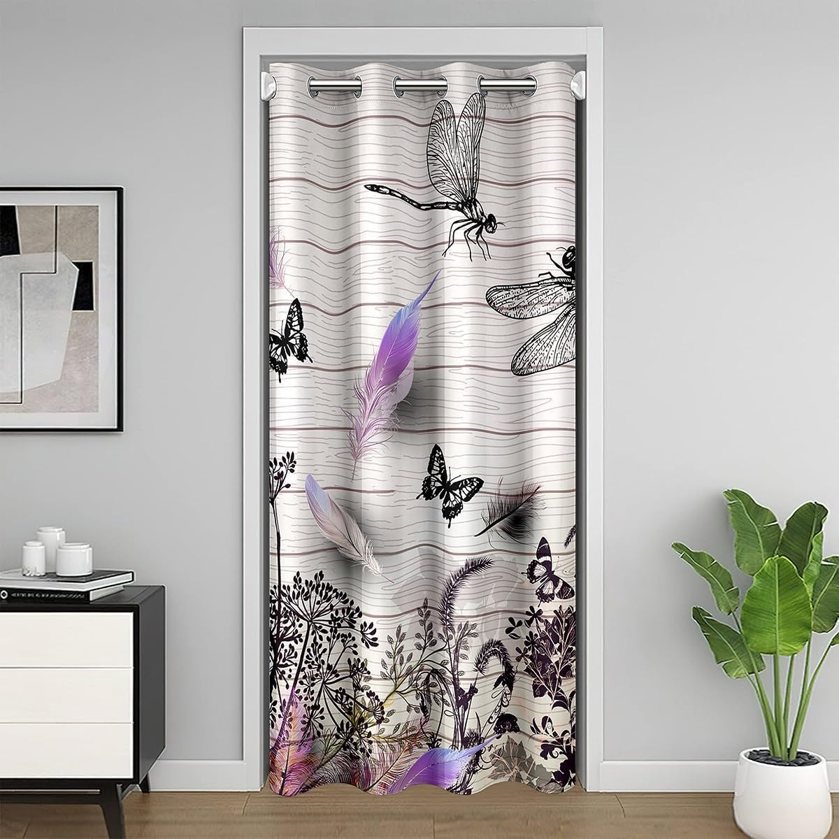 jejeloiu Dragonfly Door Curtain for Doorway Privacy 34"x80" Gifts for Women Room Divider Curtain Cover Kids Teens Animal Closet Door Cover Curtain for Bedroom Wood Grain Beige Black Window Treatments
