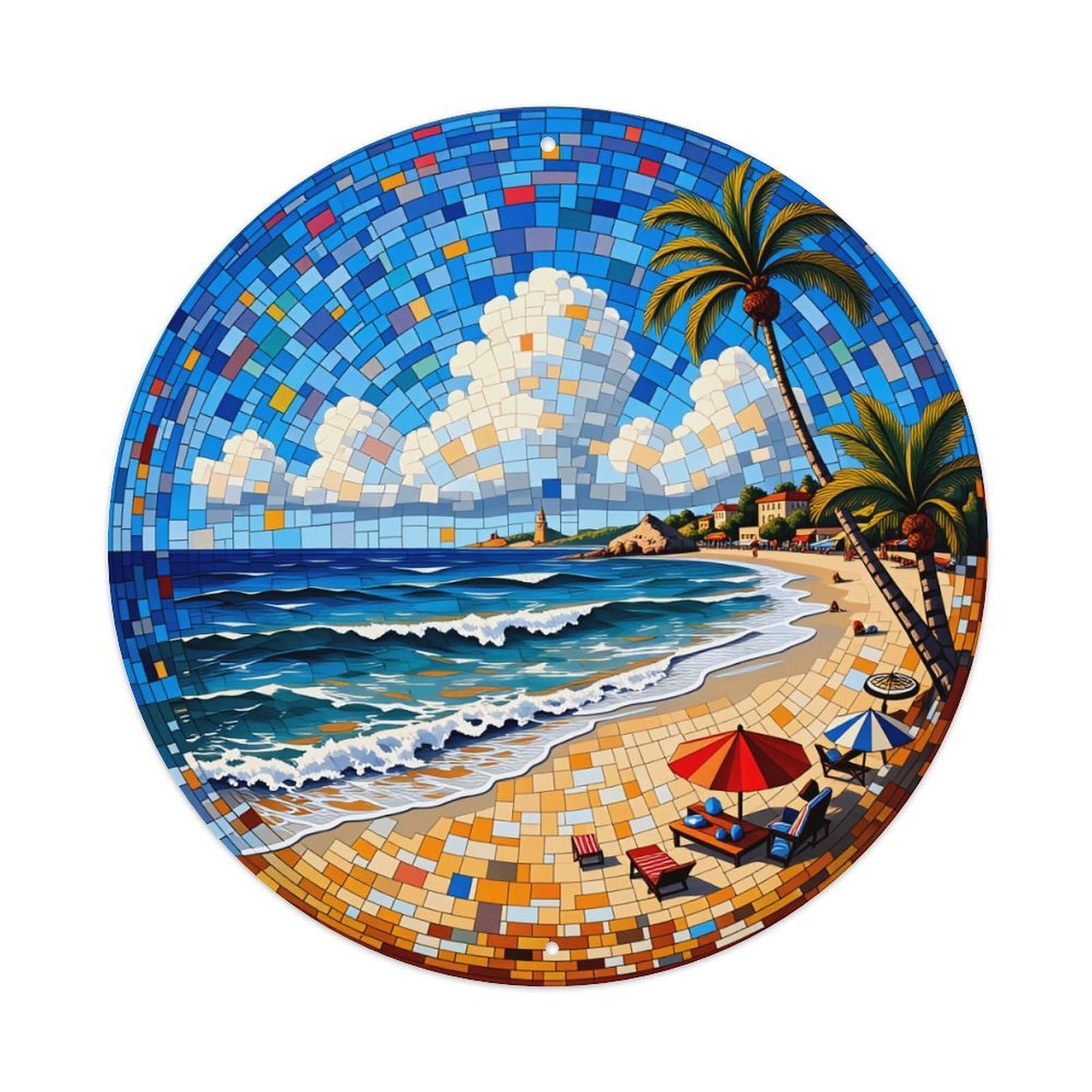 Tropical Beach Mosaic Art Pattern Vintage Metal Tin Sign Retro Wall Decor for Home Bar Garage Cafe, Indoor & Outdoor Decorative，circle Metal Poster, 8x8 Inch