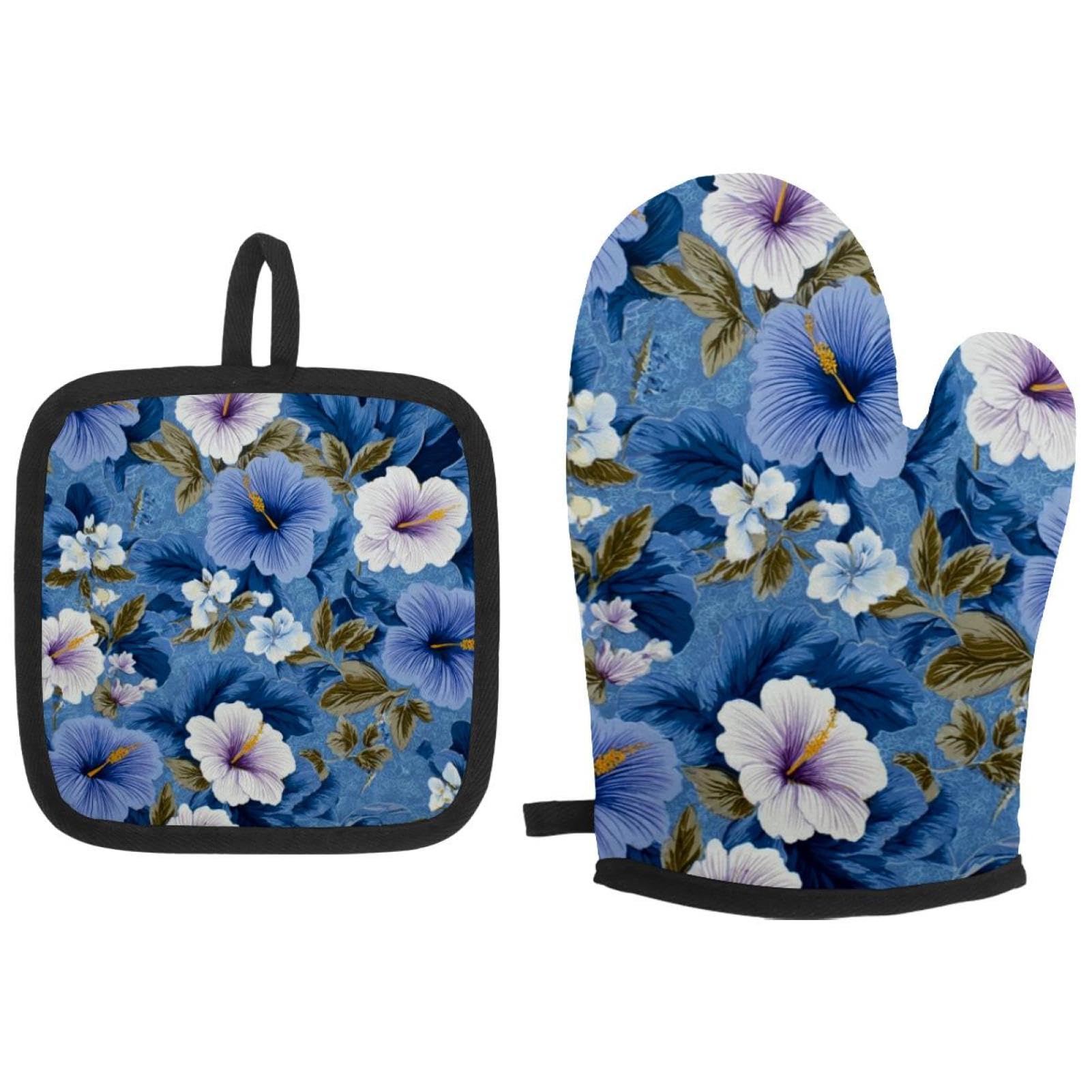 Maniques résistantes à la chaleur et gants de cuisine hawaïens bleu hibiscus