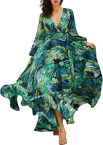 IVERIRMIN Vestido largo de gasa con cuello en V bohemio para mujer, manga larga, estampado floral tropical, bohemio, fluido