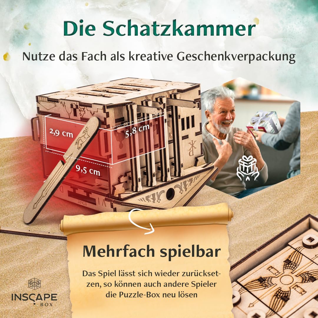 INSCAPE Caesar´s Riches - Rätselbox Holz - Puzzle Box - Escape Room Spiel Erwachsene und Kinder - Knobelspiele für Erwachsene - 3D Holzpuzzle - Cluebox - Denkspiele | Schweres Knobelspiel Aus Holz - Knifflige Mechanismen Für Erwachsene - Geburtstagsgesche