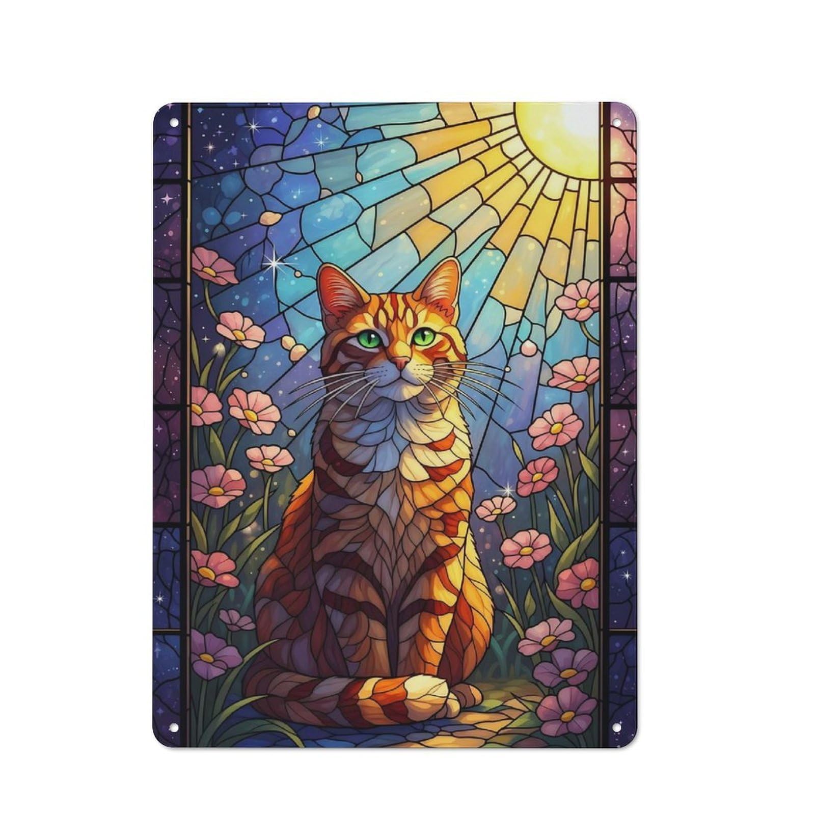 Junmoney Style-17 Tin Wall Plaque 40X30cm With Stained Glass Cat With Flowers For Workshop Wall, Housewarming Wall Decor For People Furnishing Workshop