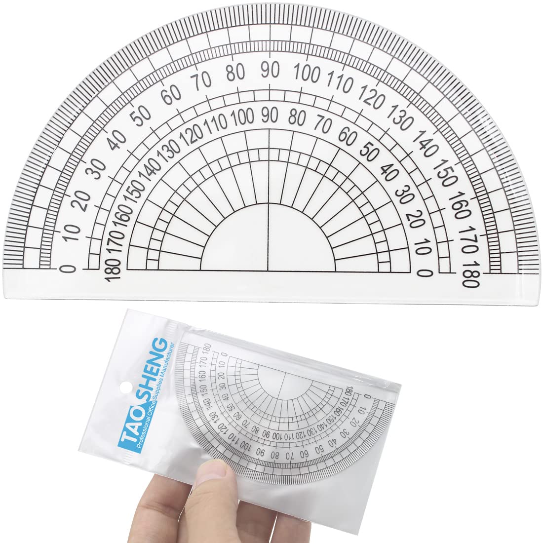 TAOSHENG 4-Inch 180 Degrees Plastic Protractor, 10cm Length Transparent Acrylic Semicircle Angle Measurement Ruler Tool for School Student Math Classroom Office Teachers, Clear 1 Pack