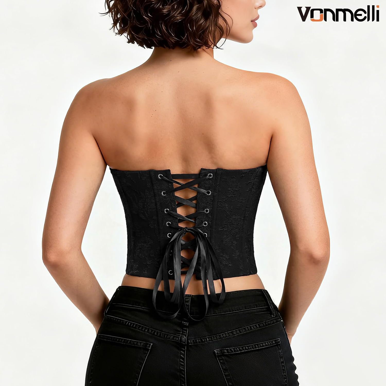 VONMELLI Corset Tops for Women Strapless Lace Up Overbust Bustier Women's Corset Crop Top, Black S