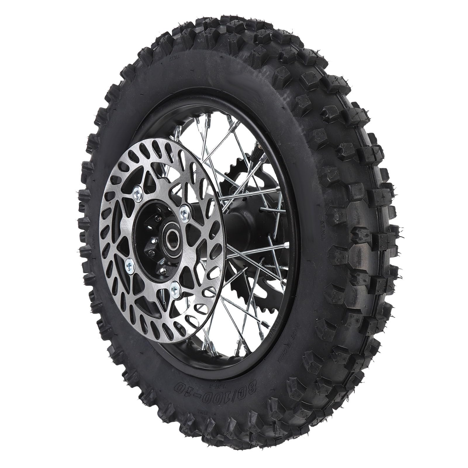 Keenso Conjunto de Neumático de Llanta de Rueda Trasera de 10 Pulgadas, 80 100 10 3.00 10 Diseñado con Precisión para Motos de Cross, con Eje de 12 Mm, Rotor de Freno de 190 Mm, Piñón