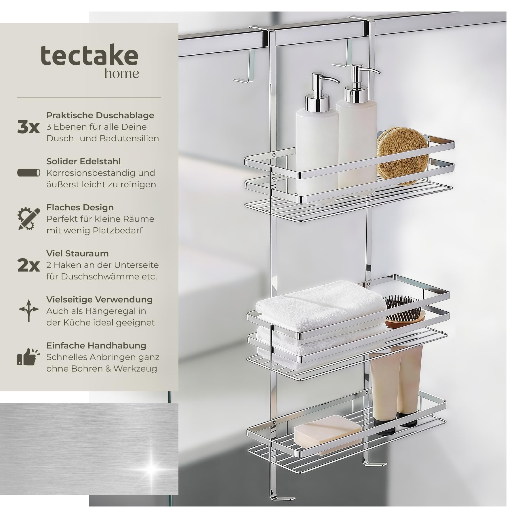 tectake® Duschregal mit 3 Böden zum Hängen | Duschablage Badregal Duschkorb