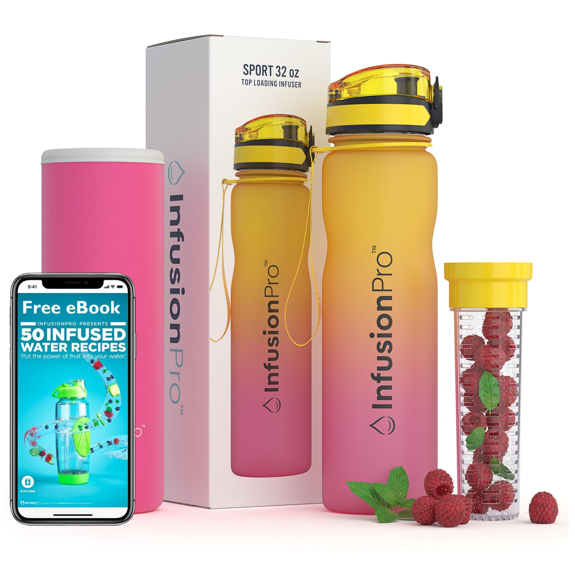 Infusion Pro 32 oz Fruit Infuser Water Bottle with Time Marker - Flip Top Locking Lid, Insulated Sleeve & 50 Recipe Fruit Infusion Water eBook : Leak Proof : for Gym, Sports, Travel : Unique Gift Idea